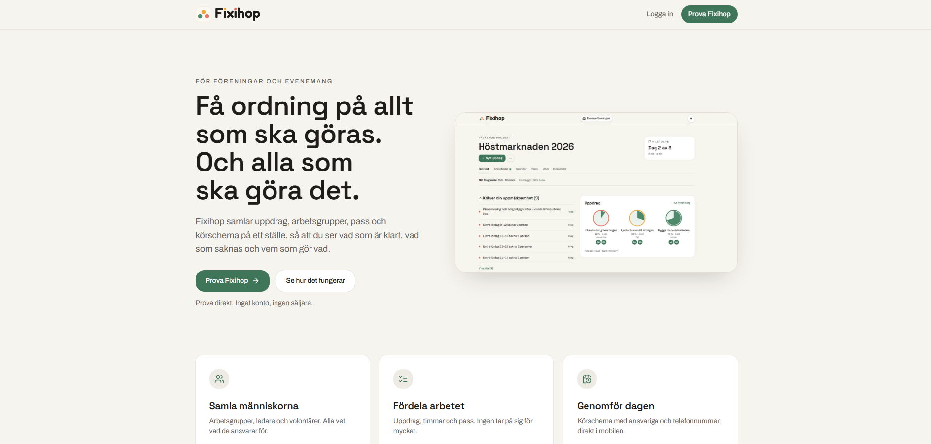 Fixihops startsida – testa direkt med en exempelförening.