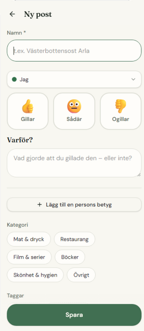 Gillade jag den? med formuläret för ett nytt betyg.
